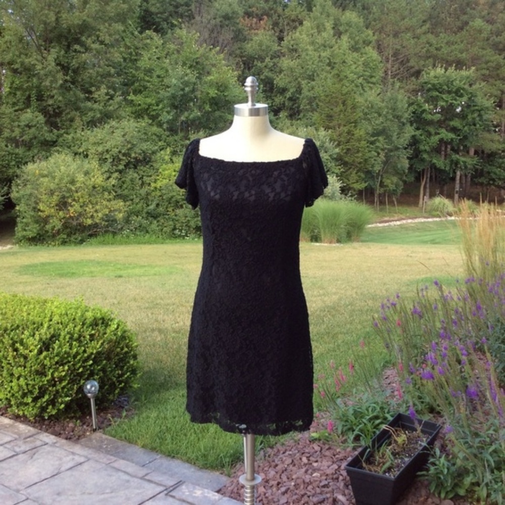 bebe Off the Shoulder Lace A-Line Dress